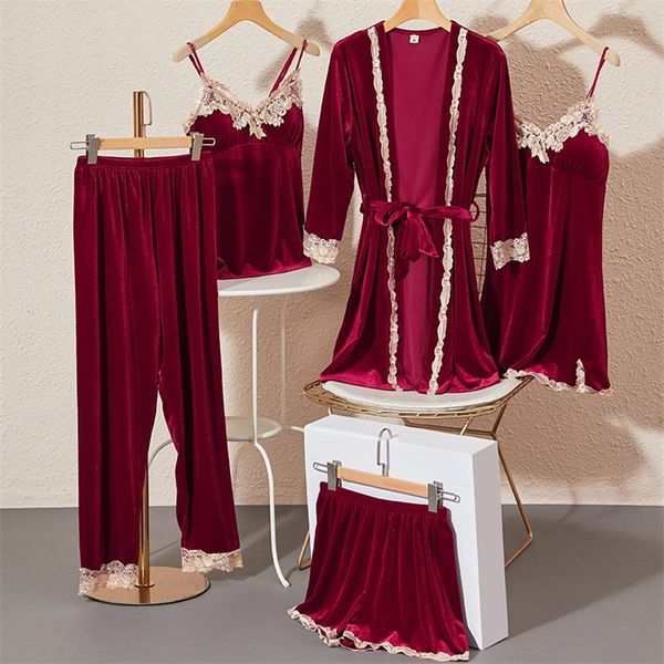 

july's song 5 pieces velvet pajamas for women lace sleepwear pajama set winter warm sling nightdress female nightwear 220421, Black;red