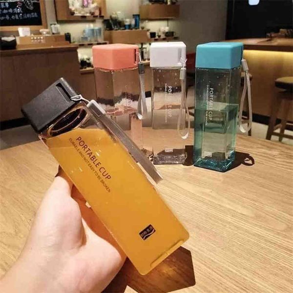 

food grade pp water bottles 6 colors transparent square cup cold juice sports with portable milk rope sport xu 0221