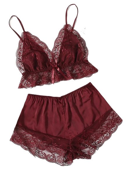 

contrast lace bow detail cami pj set k9fy#, Black;red