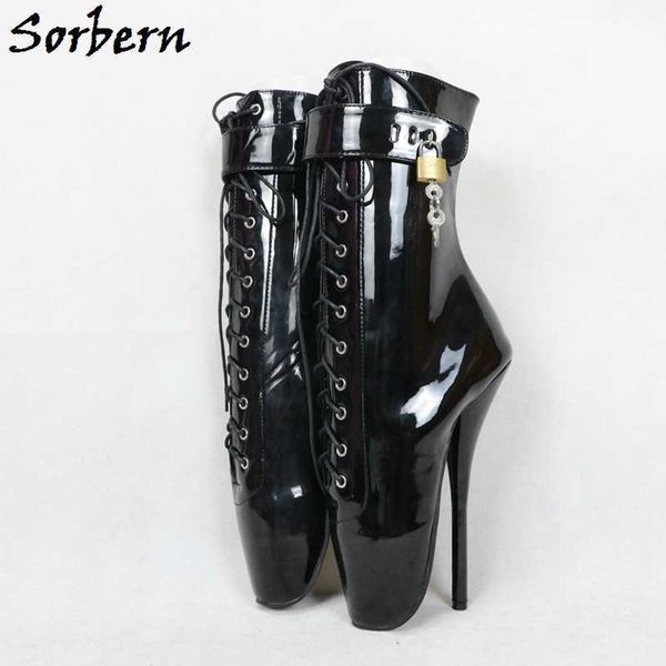 

sorbern black patent ballet stilettos boots ankle high women shoes cross tied lace up ladies boots big size 44 booties runway
