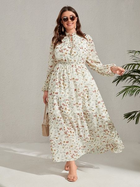 

plus floral print frill tie neck lantern sleeve dress j8fi#, Black