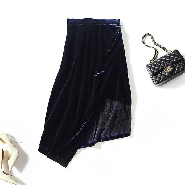 

skirts korean boutique women's pure color velvet skirt, irregular lace splicing hip wrap skirt w0w3, Black