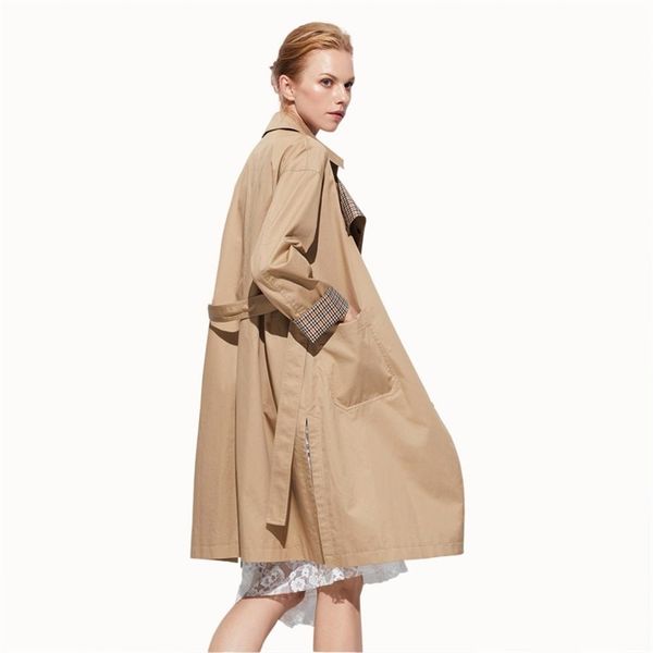

spring and autumn long european and american casual windbreaker women's jacket 220812, Tan;black