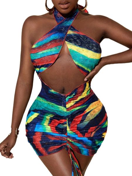

sxy colorful striped wrap tie backless cut out ruched bodycon dress t4pl#, Black;gray