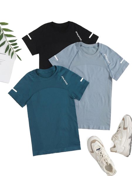 

3pcs letter pattern raglan sleeve rib-knit sports tee j3c6#, Gray