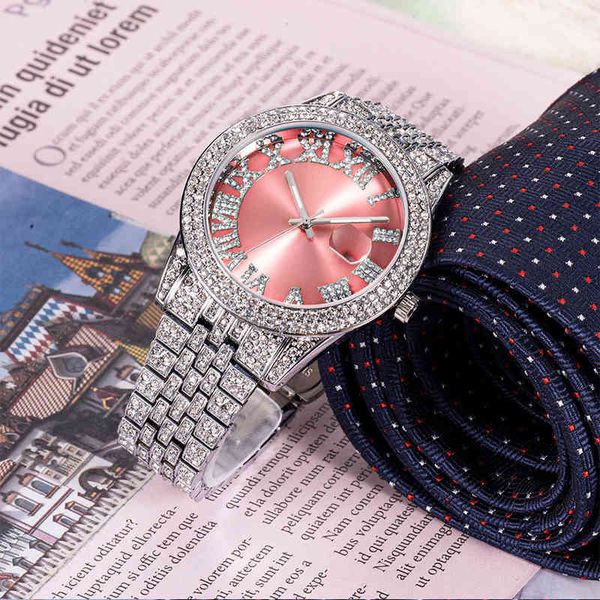 

2022 hip hop women bling luxury wrist watch iced out quartz female watch smaller size bling watch bangle set birthday gift, Slivery;brown
