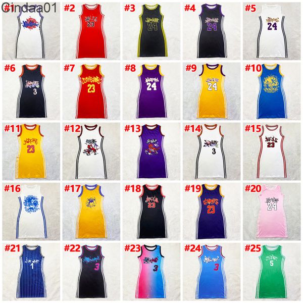 Frauen Kleider Desaigner Sexy Basketball Baby Buchstaben Pstern Bedrucktes Freizeitkleid Seitlich bedruckte ärmellose Röcke mit 8 Bändern