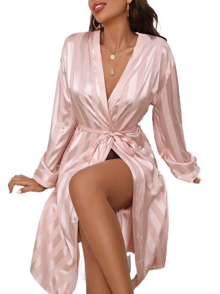 

striped jacquard belted satin robe 84ej#, Black;red