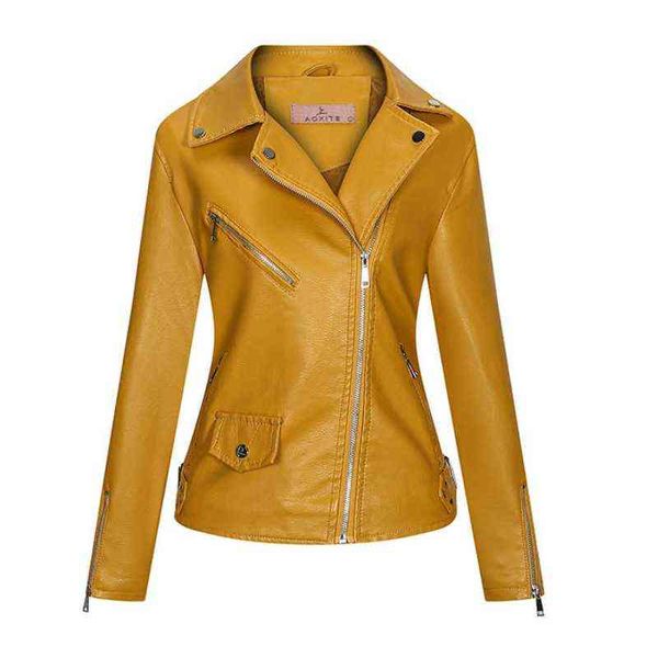 

2022 autumn winter women jacket pu leather turndown collar coat oblique zipper slim fit veste femme solid color outwear wf158 l220728, Black