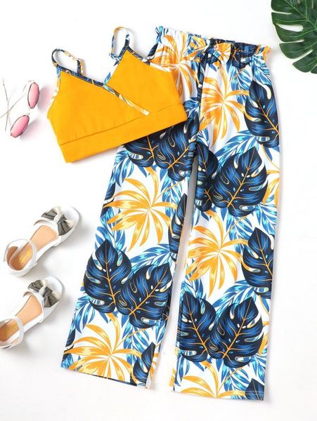 

girls contrast trim crop cami & tropical print wide leg pants she, White