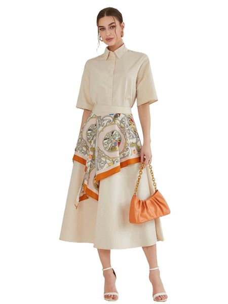 

button front & wheel print draped skirt t7ed#, White