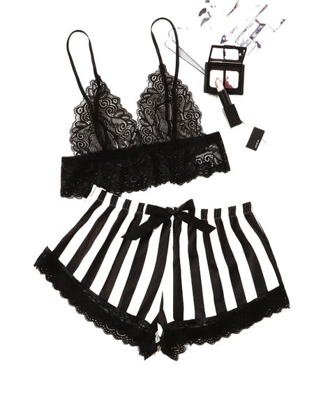 

floral lace bralette with striped shorts y0ou#, Black;red