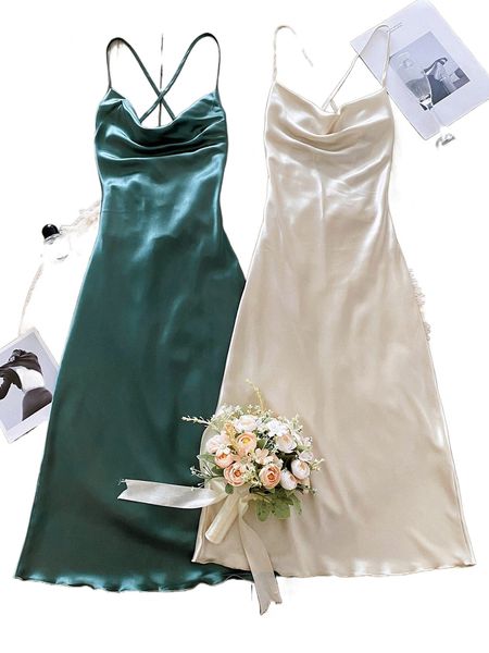 

2pcs draped collar satin cami night dress z7sf#, Black;red