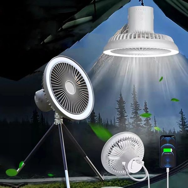 Ventilatore da campeggio da pavimento con treppiede USB con banca di alimentazione a LED Circolatore portatile da tavolo ricaricabile a soffitto senza fili elettrico 220505