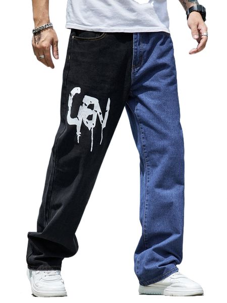 

men two tone letter graphic straight leg jeans e1mf#, Blue