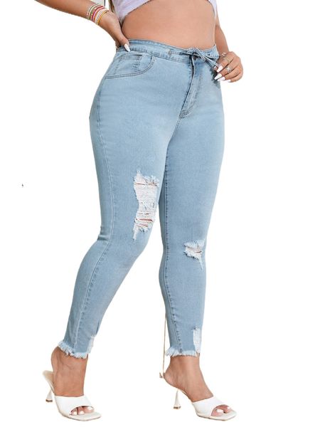 

plus drawstring waist ripped raw cut skinny jeans t7nb#, Blue