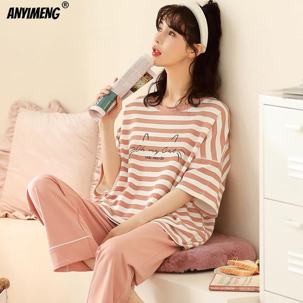 

4xl 5xl summer pijamas set sleepwears for women strip loungewear short sleeve long pants lady pajamas cartoon sleepwear girl cotton, Black;red