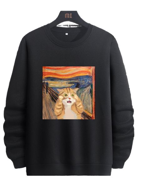 

men cat print round neck sweatshirt j5to#, Black