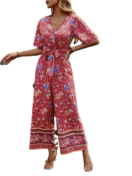 

floral print surplice neck belted jumpsuit 2195#, Black;white