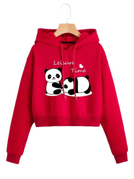 

panda & letter graphic drop shoulder drawstring thermal lined hoodie u4of#, Black