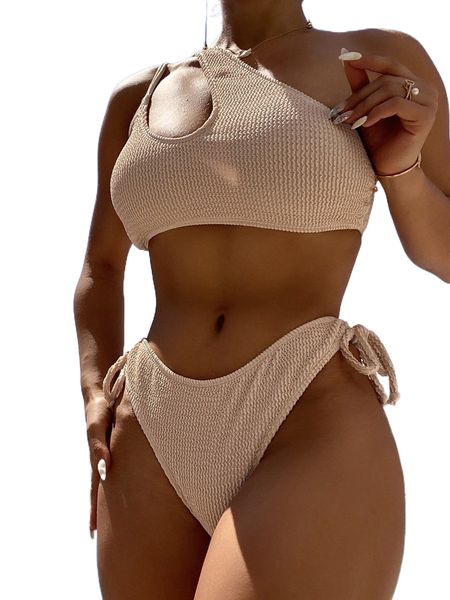 

textured cut out one shoulder bikini swimsuit 948z#, White;black