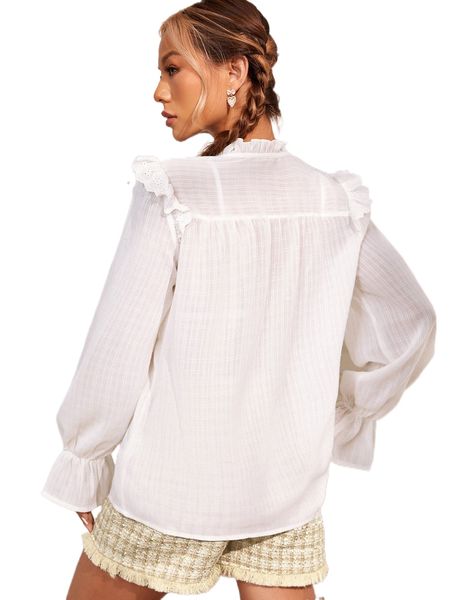 

frill trim tie neck flounce sleeve blouse m0hc#, White