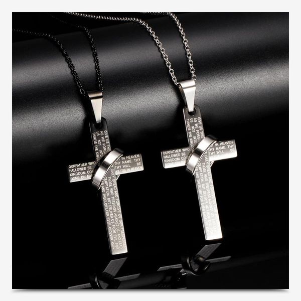 

pendant necklaces simple cross scripture necklace stainless steel jewelry for men women long sweater chain punk hip hop rock gift, Silver
