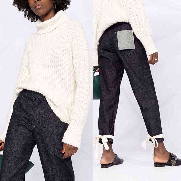 

2021 early spring new products fashion pocket bow button straps close feet high waist thin all-match jeans l220726, Blue