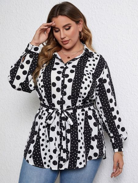 

plus polka dot belted blouse g87o#, Black