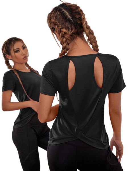 

cut out crossover back sports tee q4ib#, Gray