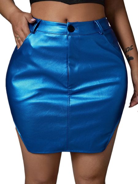 

sxy split hem pu leather skirt v61b#, Black