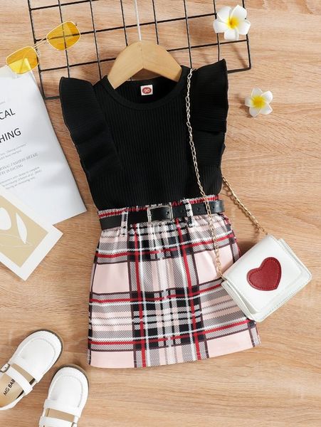 

toddler girls ruffle sleeve & plaid belted skirt she, White