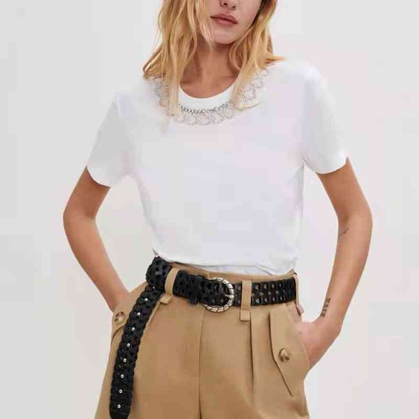 

women's t-shirt summer solid color round neck nail bead short sleeve simple and versatile t-shirt women, White