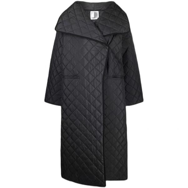 

2022 new padded clothes t-o-toteme annecy silhouette diamond plaid loose long rhombus plaid cotton clothing side slit s-ilho-uette coat wome, Black