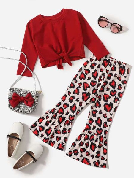 

toddler girls knot hem & heart print flare leg pants she, White