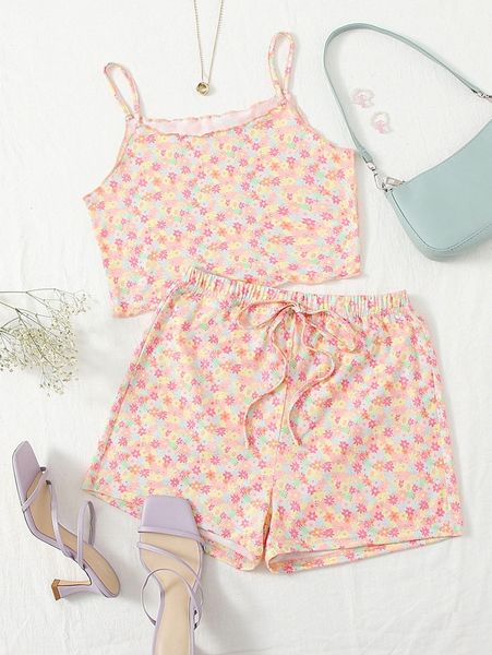 

ditsy floral print lettuce trim crop cami & drawstring waist shorts r9vu#, White