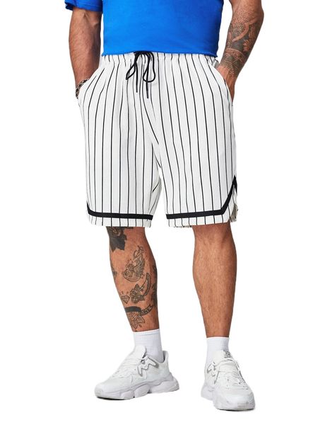 

extended sizes men drawstring waist striped straight leg shorts j5fm#, White;black