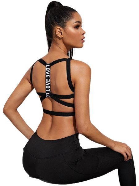 

light support letter tape strappy back sports bra 48f6#, Gray