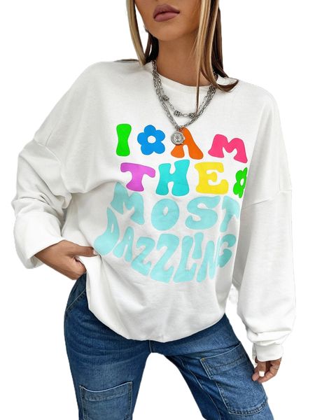 

slogan graphic drop shoulder pullover b56v#, Black
