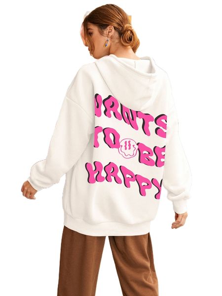 

slogan graphic drop shoulder drawstring oversized hoodie f9tp#, Black