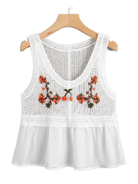 

cherry & floral embroidery open knit peplum tank n89c#, White