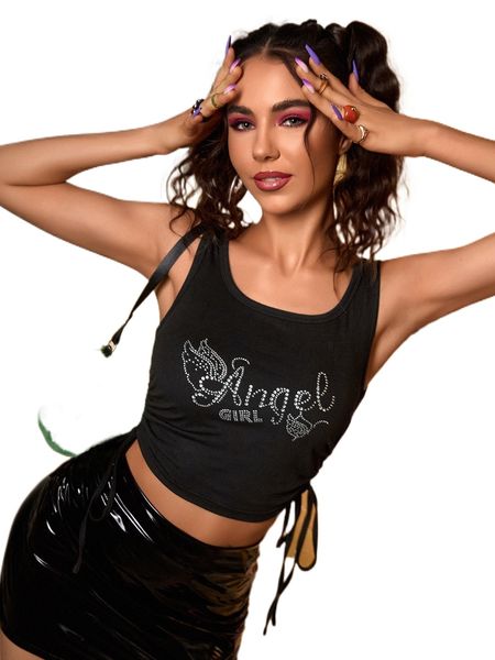 

rhinestone letter pattern drawstring side tank t9th#, White