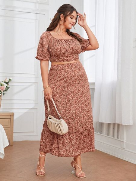 

plus ditsy floral puff sleeve crop & ruffle hem skirt y8np#, Black