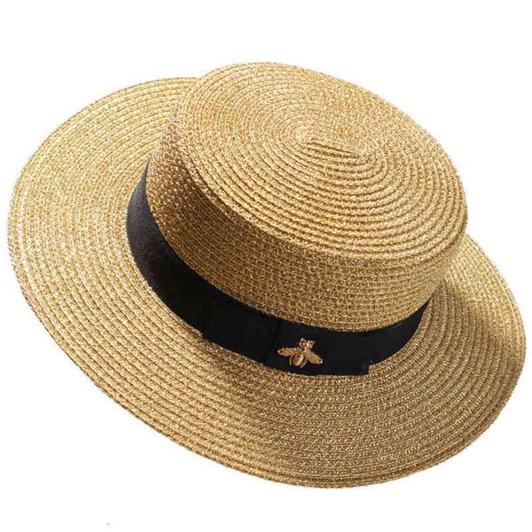 

bai cheng hat parent-child flat-visor woven straw fashion-woven wide-brimmed gold metal bee wide straw cap, Blue;gray