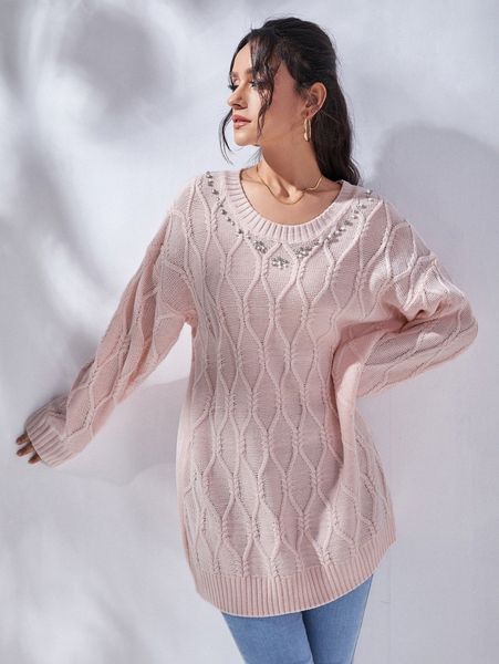 

rhinestone detail cable knit drop shoulder sweater without belt w1zx#, White;black
