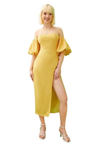 

x ts designs bishop sleeve split thigh dress r1vt#, Black;gray