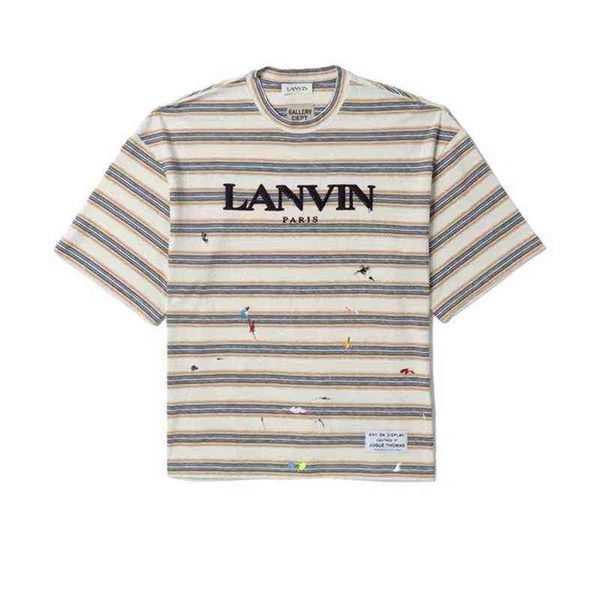 

star fashion t-shirt galley' dept shirt dept co name lanvinn langfan letter embroidery stripe splash ink men's and women's sh, White;black