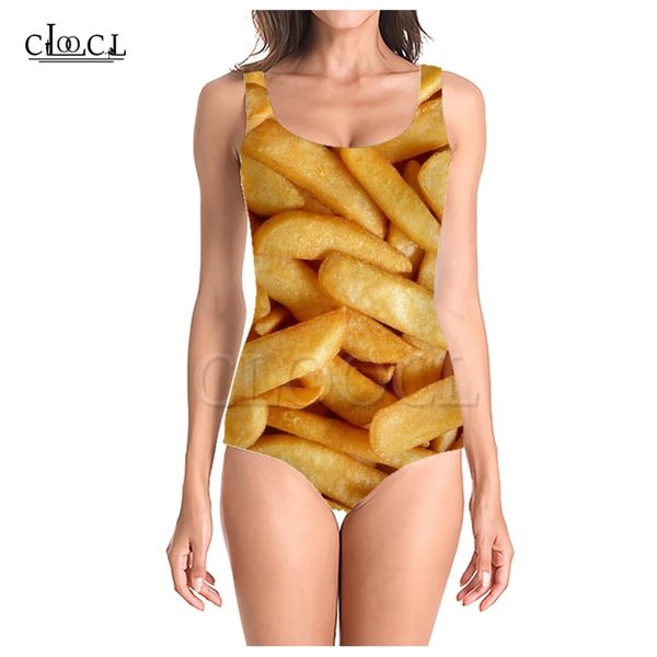 

delicious fried french fries 3d print onepiece swimwear women swimming bathing suit sleeveless swimsuit 220617, White;black