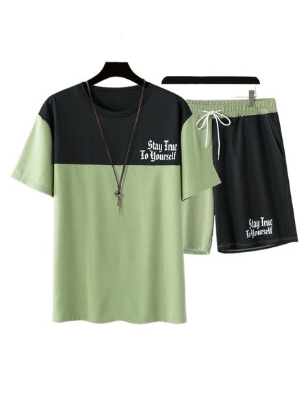 

men slogan graphic colorblock tee & shorts h1q5#, Gray