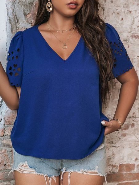 

plus laser cut out puff sleeve blouse s6ts#, Black